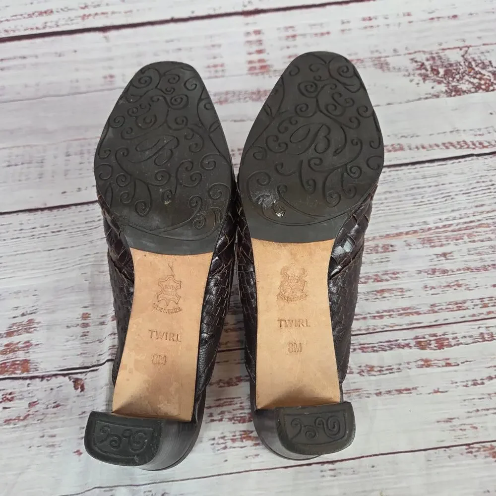 Brighton Twirl Woven Leather Mules Sz 8M Earthy Brown Chunky Heel Slip on Shoes